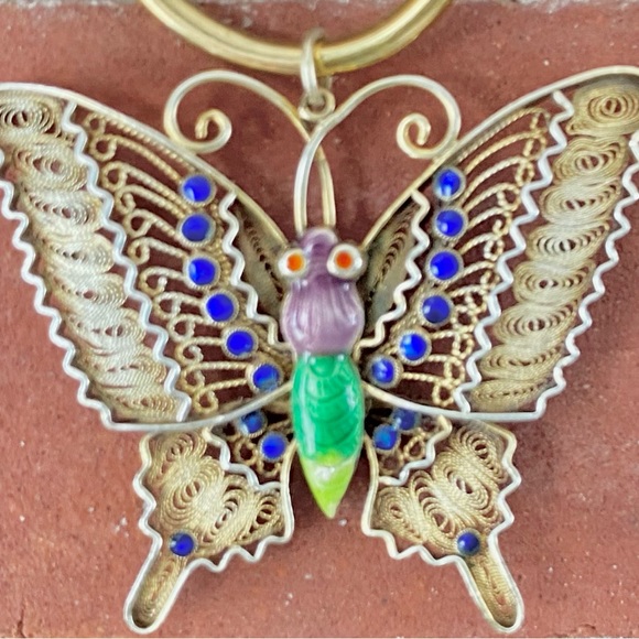 Vermeil (gold wash over sterling) filigree butterfly pendant with enameling - Picture 5 of 8